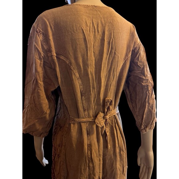 VTG Embroidered Maxi Dress  Free Size Button Front Rayon Tie Fringe Boho Cottage - Picture 9 of 13